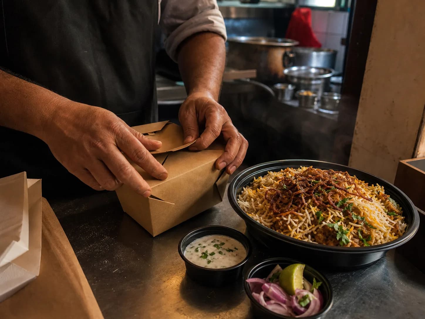 A neighbourhood restaurant packing biryani for delivery